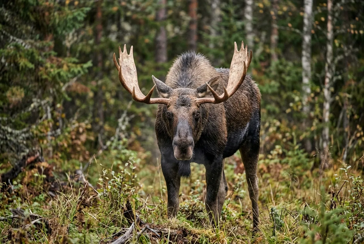 A moose with its ears laid back and the long hairs on its hump raised, a warning sign.