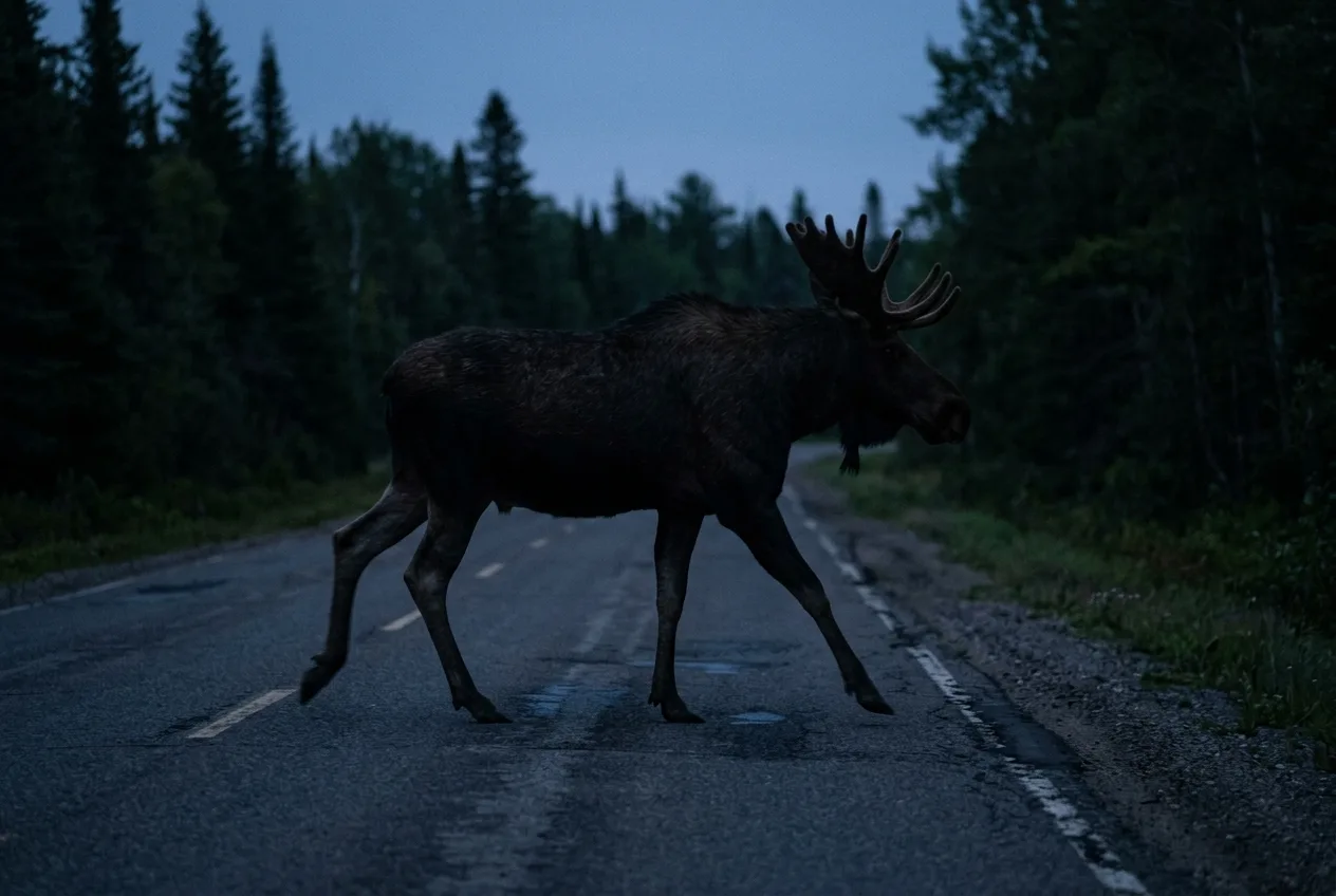 A moose crossing a quiet road at dusk, when most vehicle collisions happen.