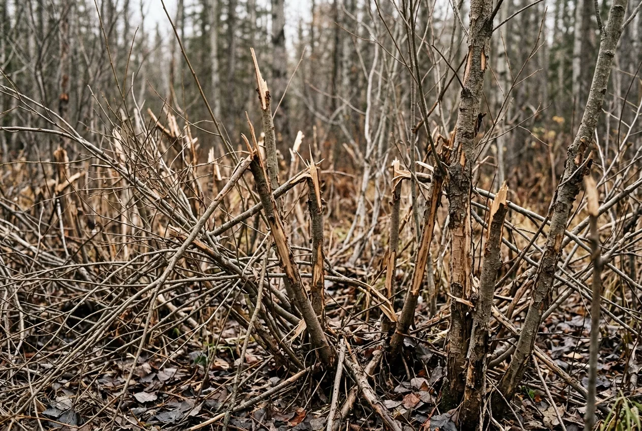 Willow shrubs broken and stripped by moose browsing, with ragged twig ends at chest height.