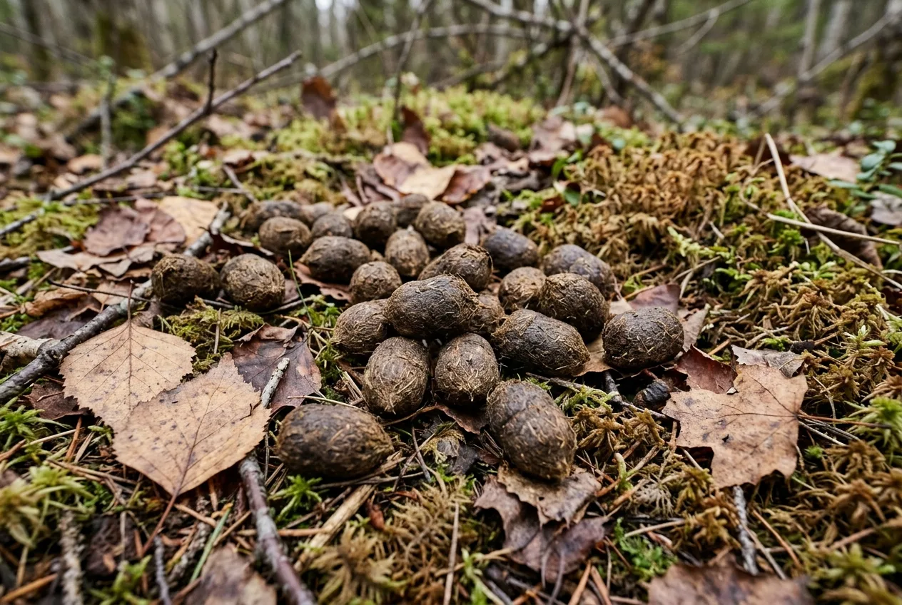 A scattering of oval moose pellets on the forest floor, the firm fibrous droppings left in winter.