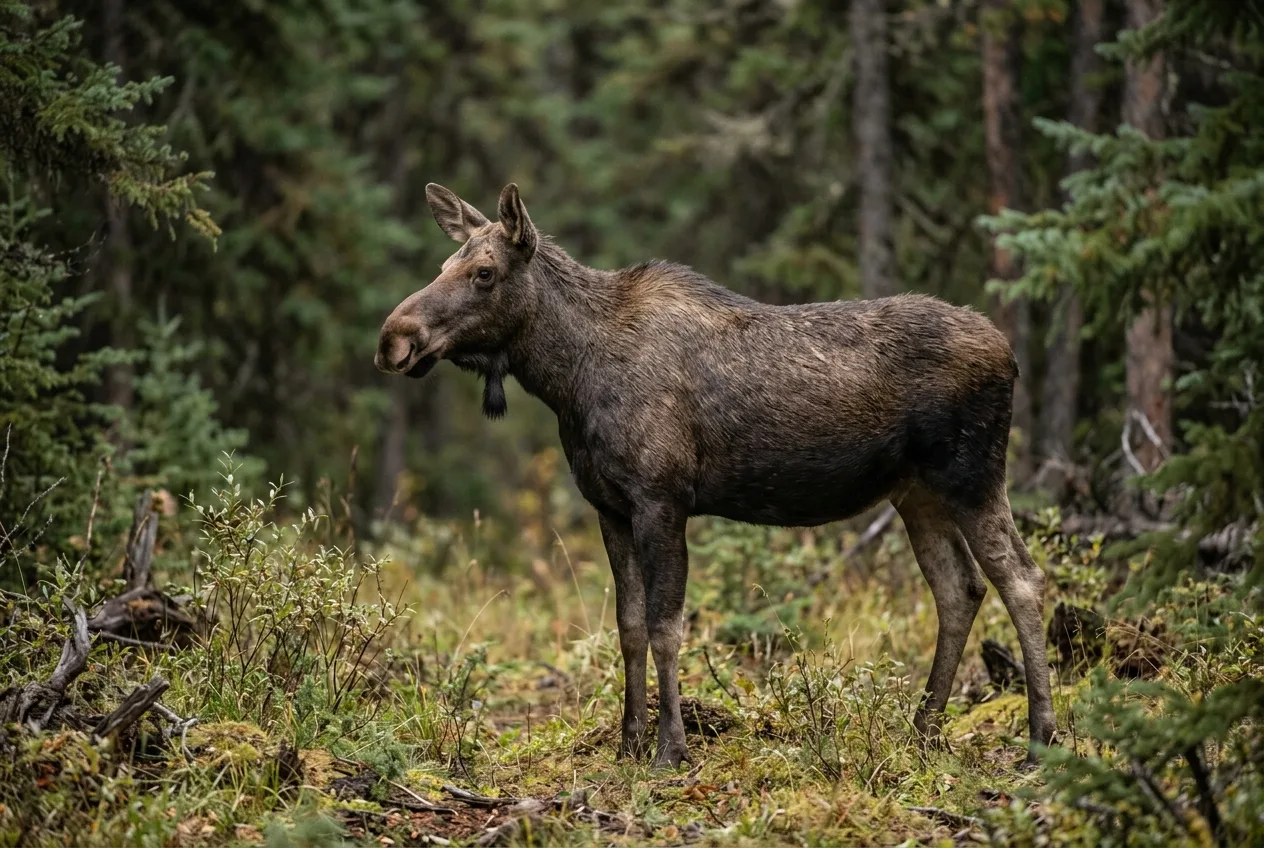 A cow moose standing alert in a boreal forest clearing.