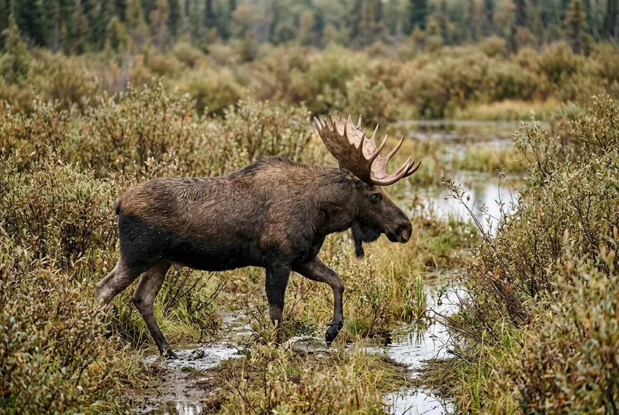 A bull moose moving through a willow wetland, framed as a high-mounted camera would catch it.
