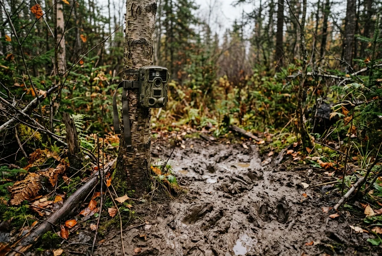 A trail camera watching a muddy mineral lick churned with moose tracks.