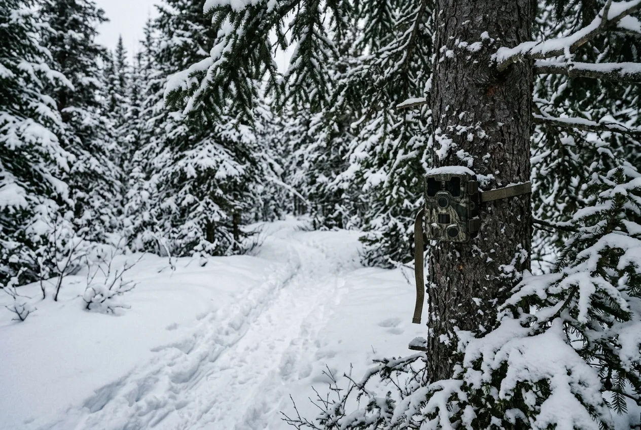 A trail camera mounted in snowy conifer cover, a moose winter-yarding area.