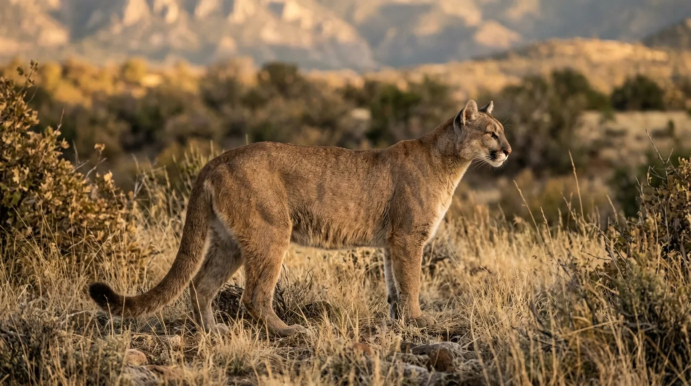A mountain lion standing alert in dry grassland in warm low light, seen at a distance
