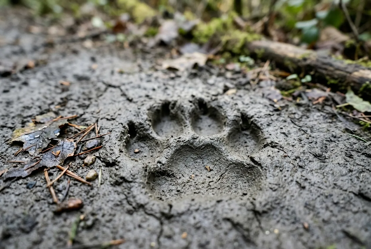 A large round cat track pressed into soft mud with no claw marks