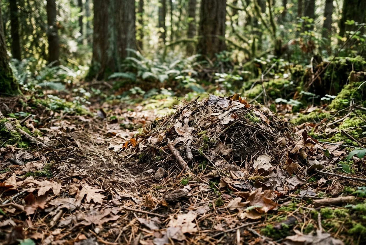 A low mound of leaves and dirt heaped over a cache in the forest, with drag marks leading to it