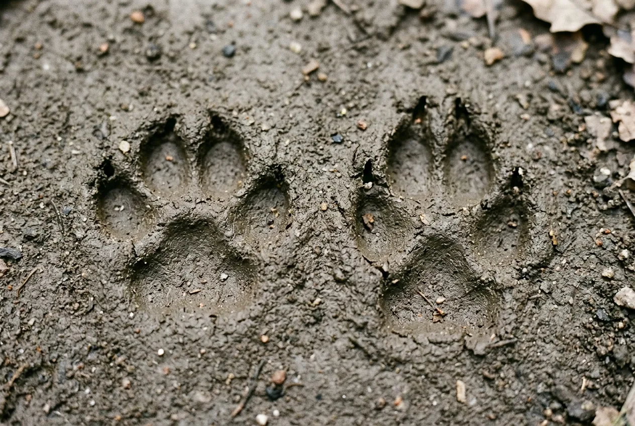 Two tracks side by side in dirt — a round cat track and an oval dog track — for comparison