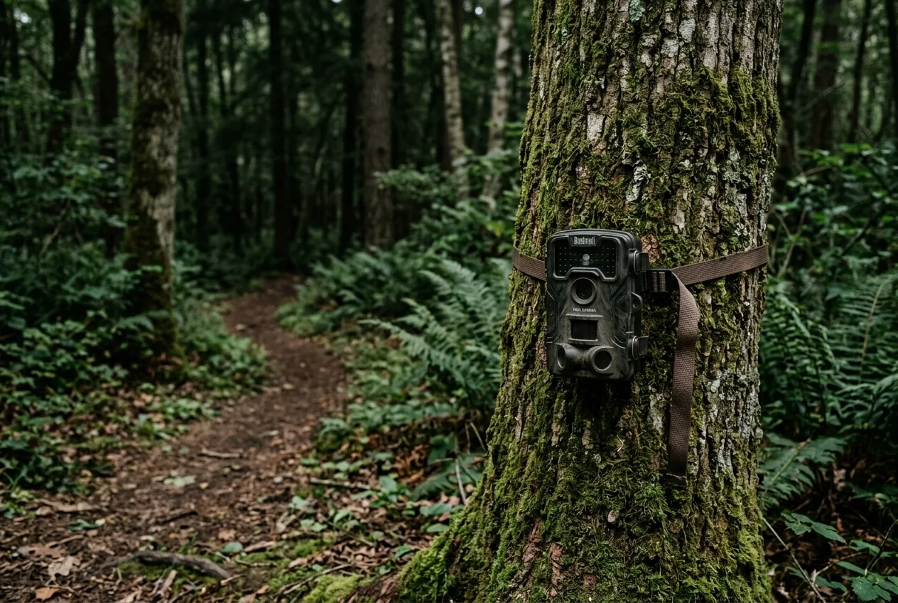 A trail camera strapped to a tree watching a quiet forest game trail