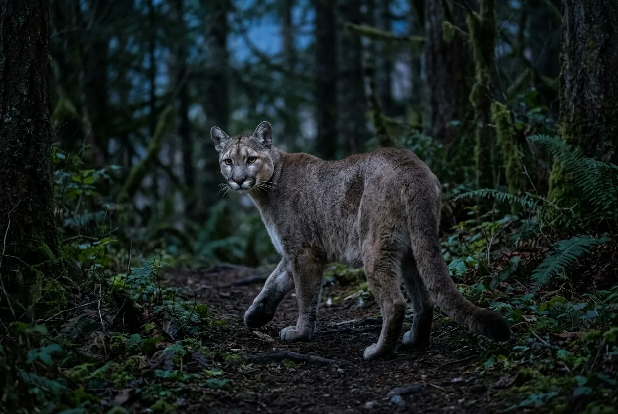 A mountain lion moving through dim forest at dusk, looking back over its shoulder