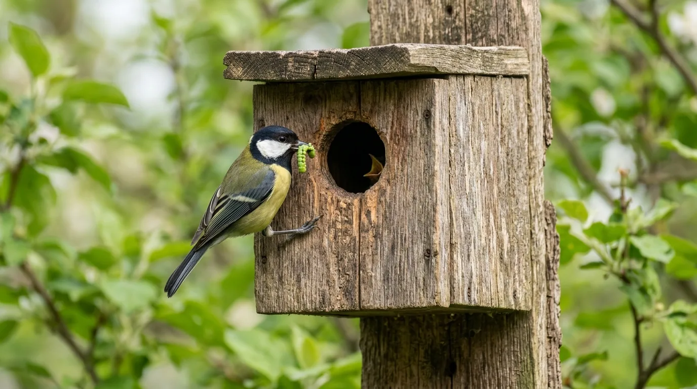 A small songbird at the entrance hole of a wooden nest box with a caterpillar in its beak