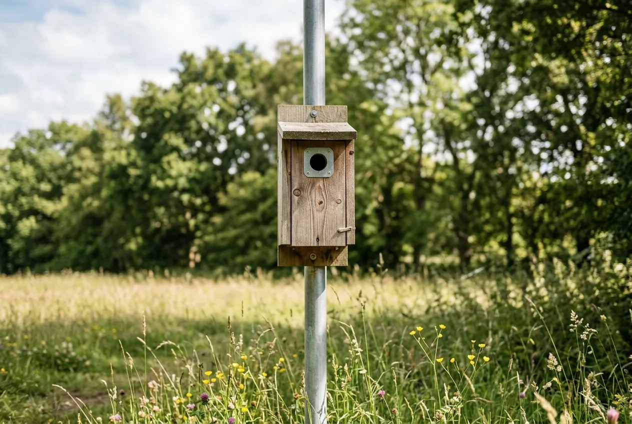 A wooden nest box mounted near the top of a smooth metal pole at the edge of a meadow