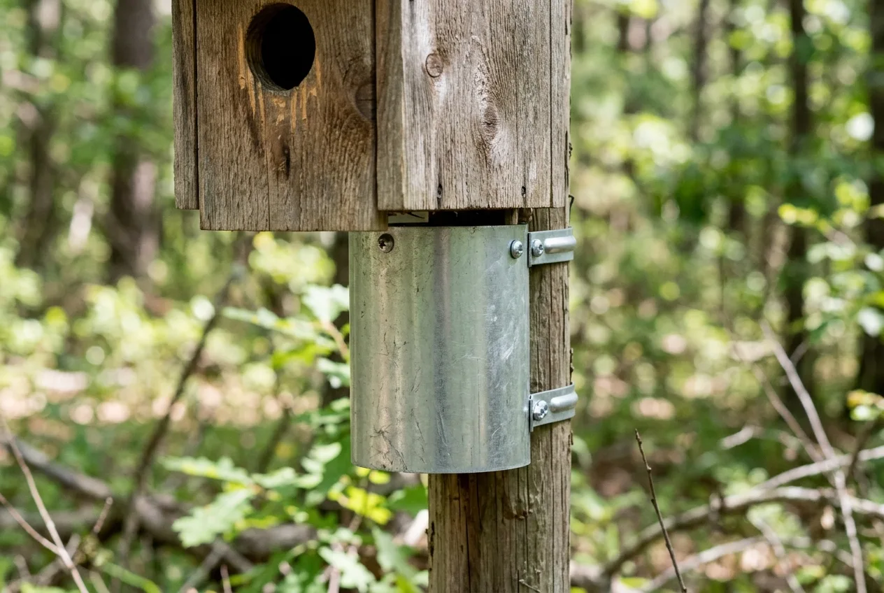 A cylindrical stovepipe predator baffle wrapped around a pole beneath a nest box