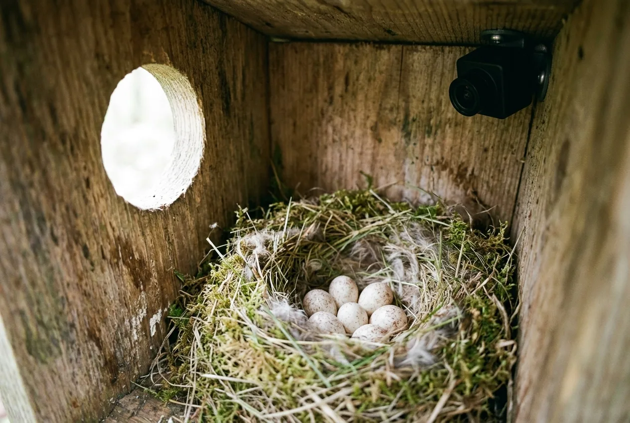 Interior of a nest box with a moss nest and pale eggs and a tiny camera in the corner