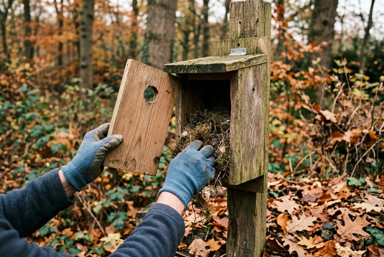 Gloved hands opening a nest box's side panel to clean out old nesting material in autumn