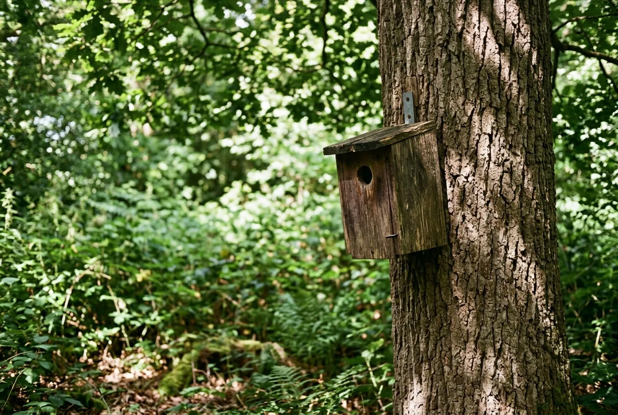 A wooden nest box fixed to a mature tree trunk at the edge of woodland, entrance tilted slightly down