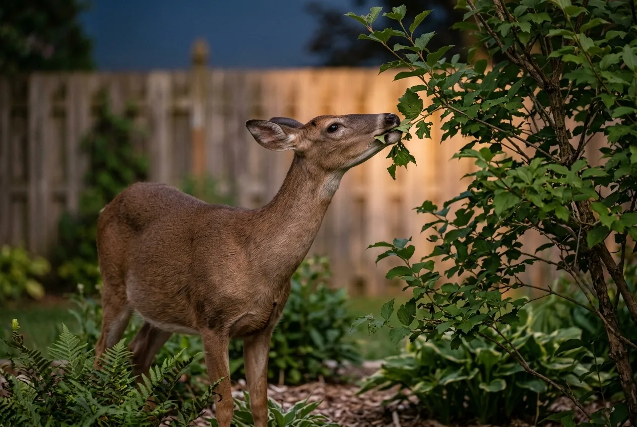 A white-tailed deer browsing on garden shrubs at dusk leaving ragged torn edges