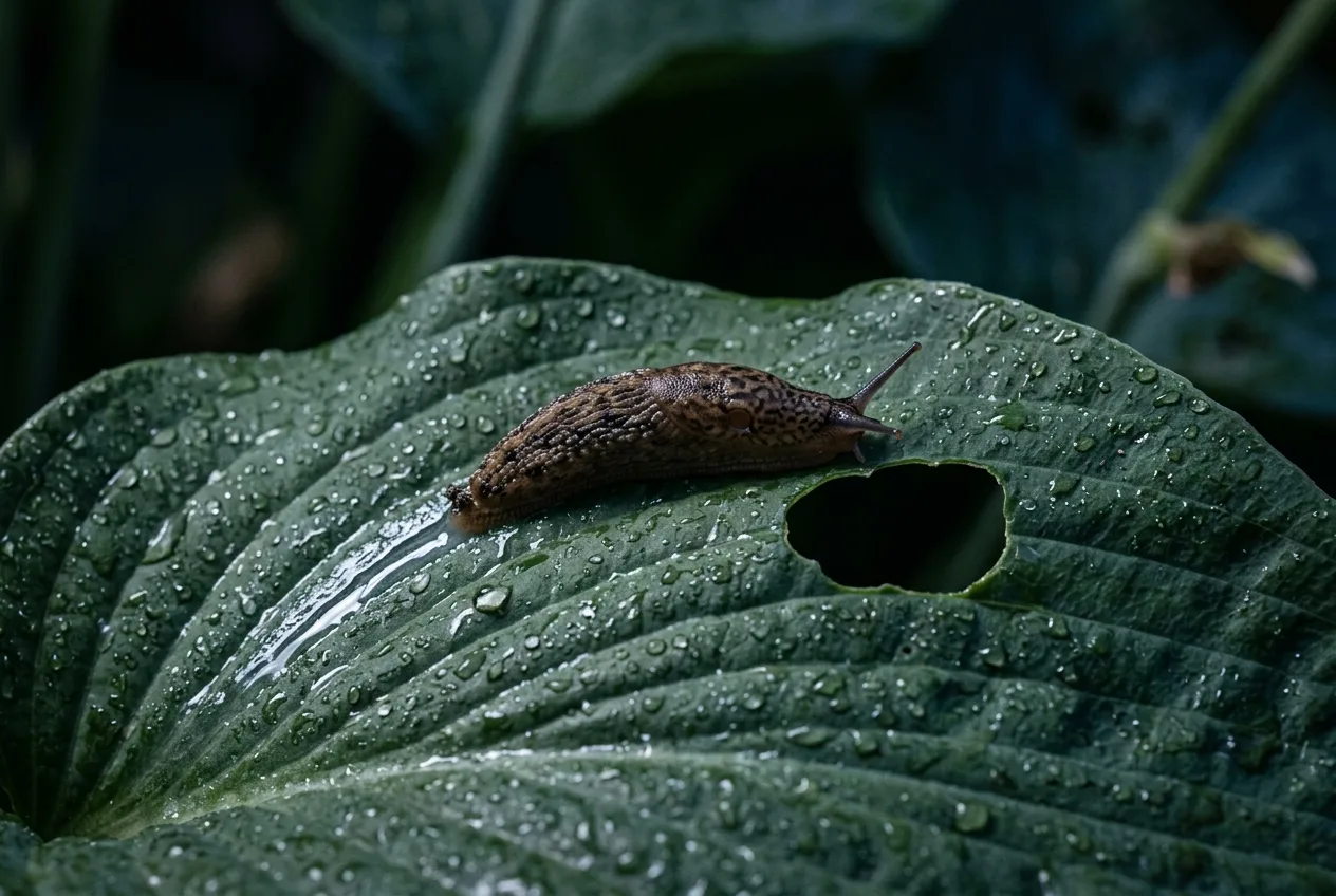 A close view of a slug on a chewed hosta leaf with a silvery slime trail catching the light