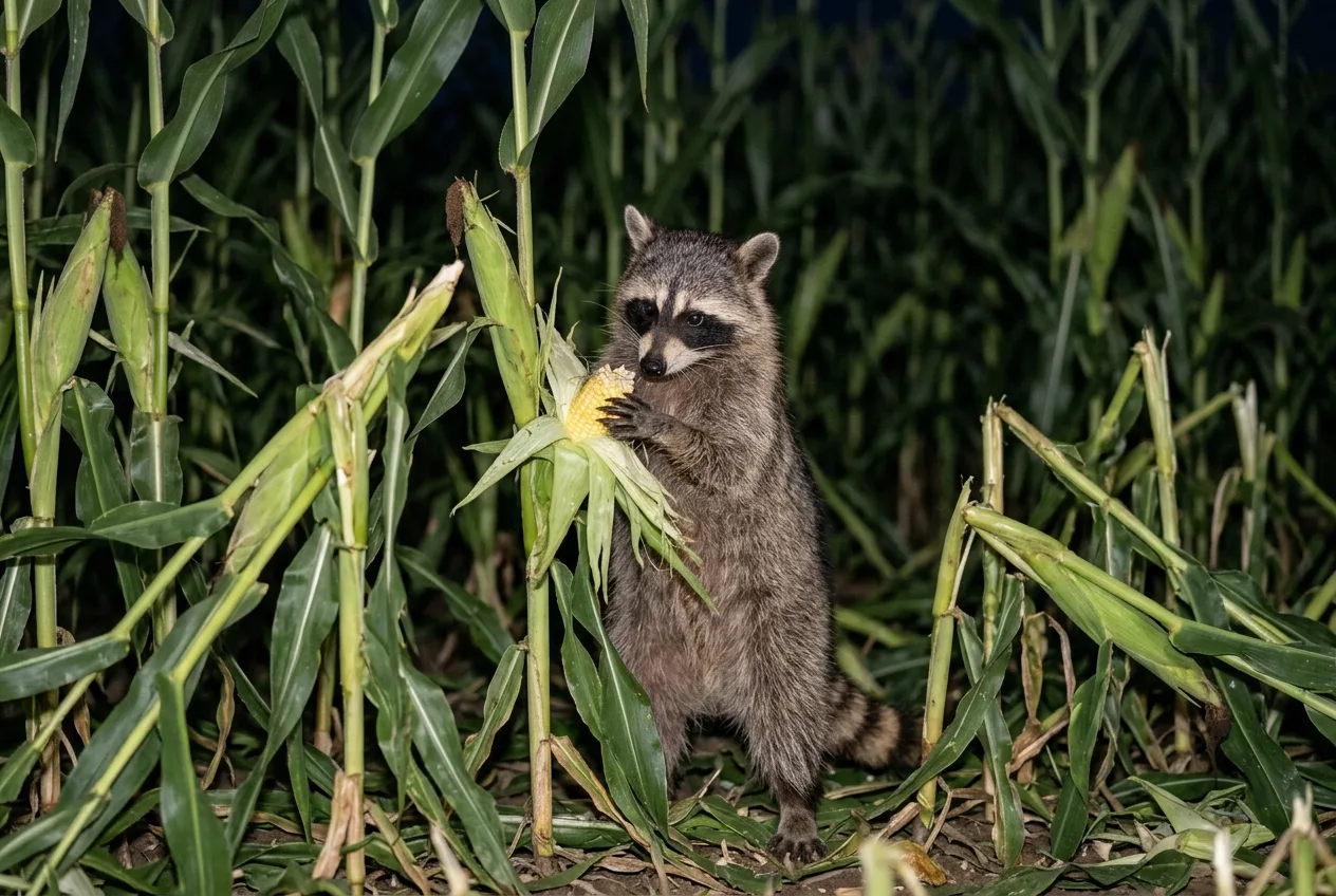 A raccoon at night in a sweet corn patch pulling open a husk with its paws