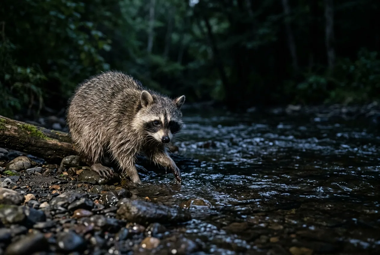 A raccoon foraging along a creek bank at night, eyes catching the light