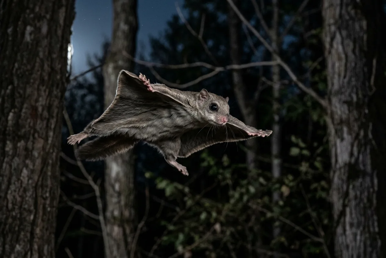 A northern flying squirrel gliding between trees at night with its skin membrane spread