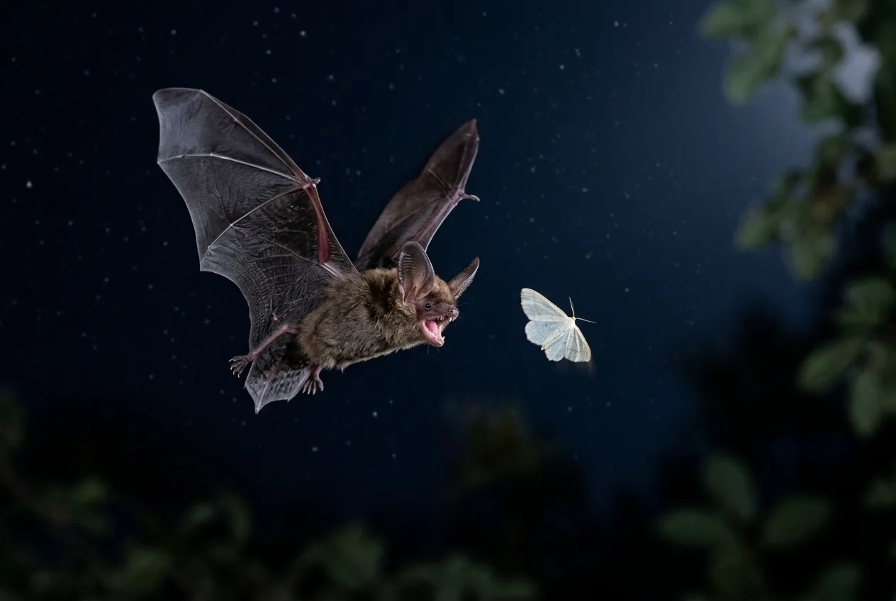 A small insect-eating bat in flight at night closing in on a moth