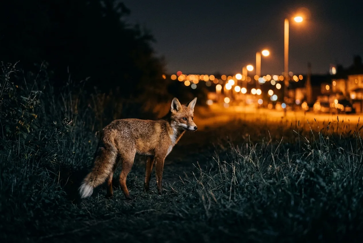 A red fox pausing at the dark edge of a glowing light-polluted suburban street at night