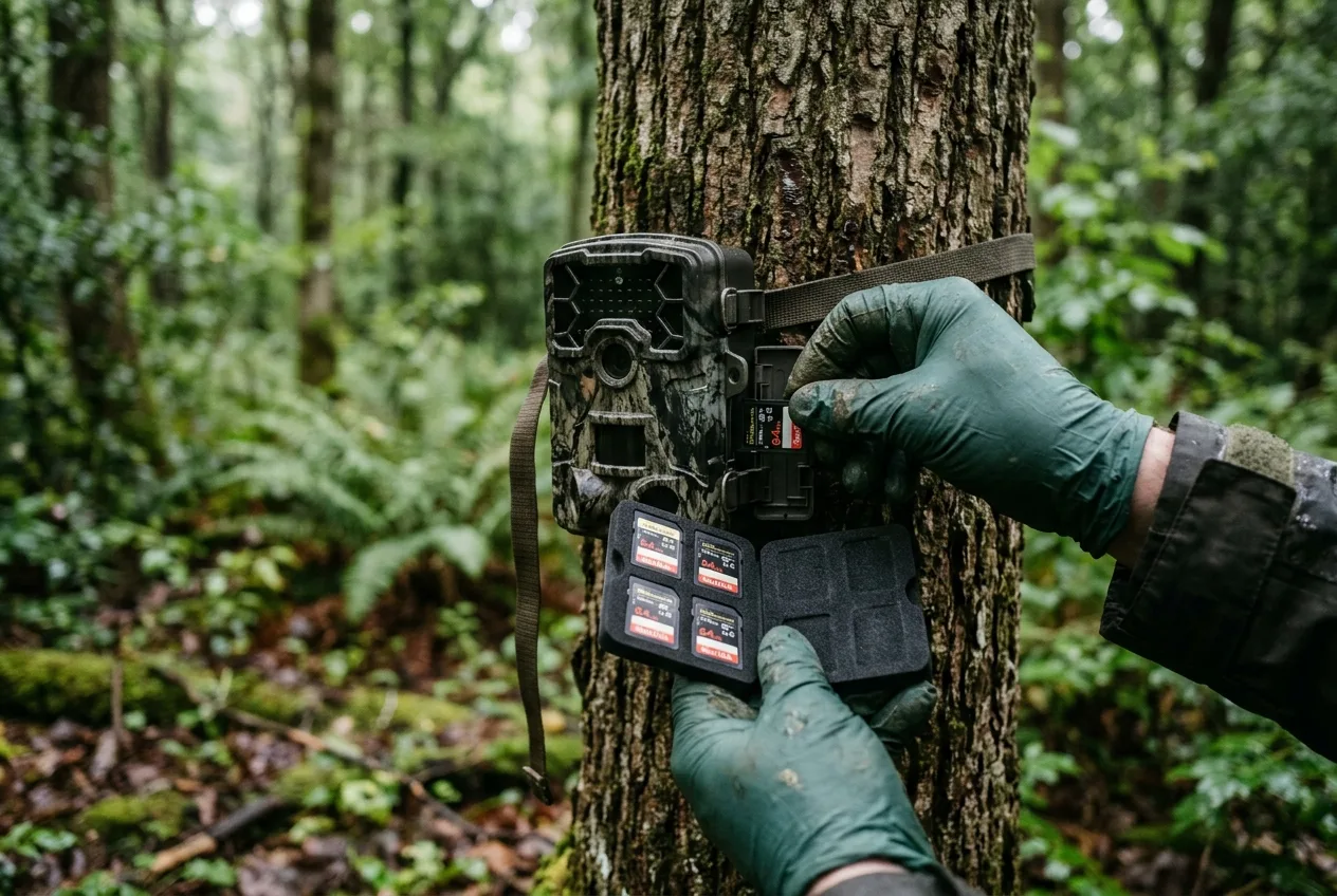 Gloved hands removing an SD card from a trail camera on a tree into a labeled card wallet