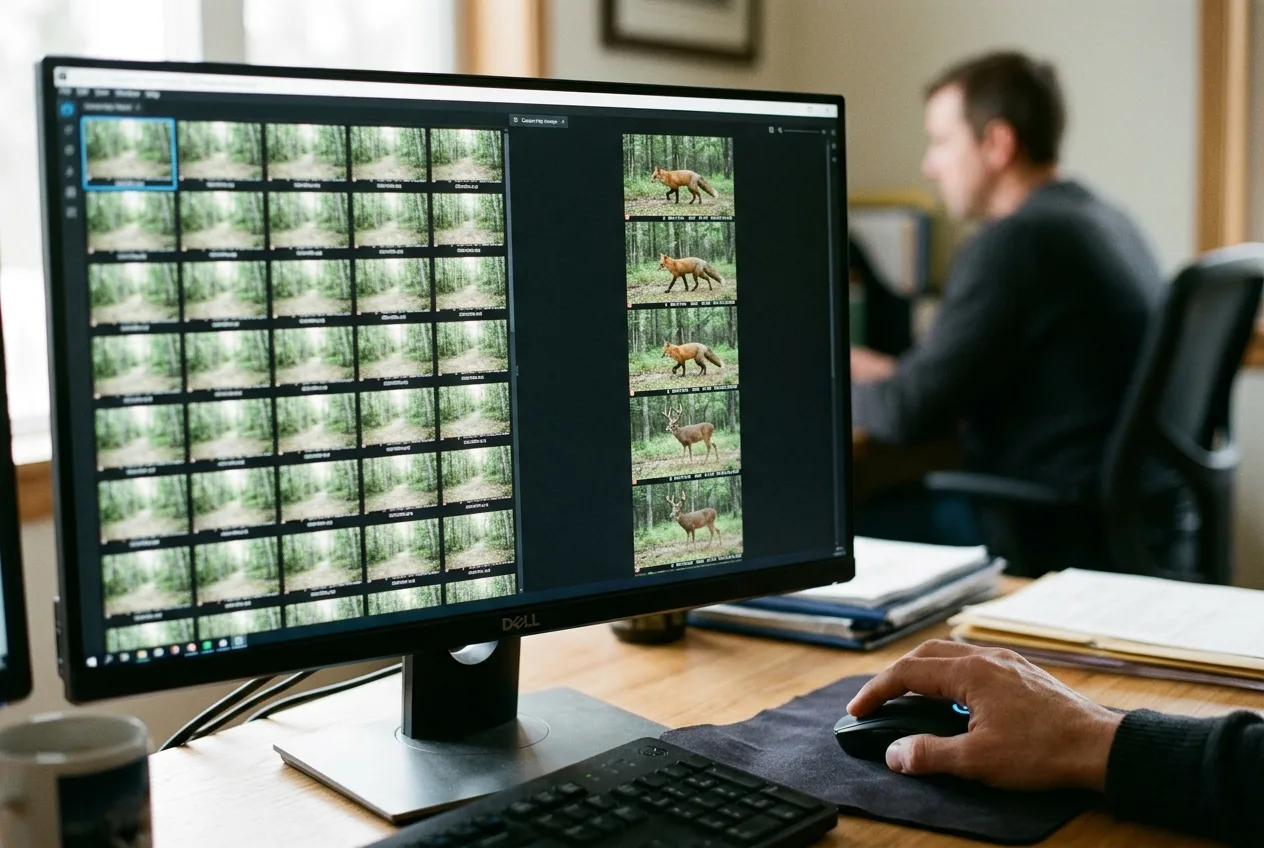 A monitor showing empty forest frames separated from frames containing a fox and a deer
