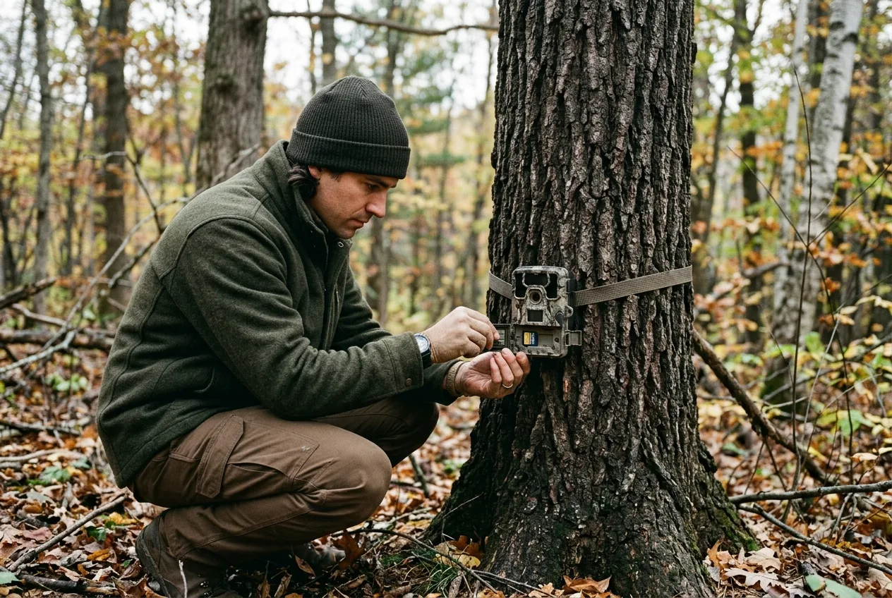 A hunter crouched at a tree pulling the SD card from a camouflaged trail camera strapped to the trunk