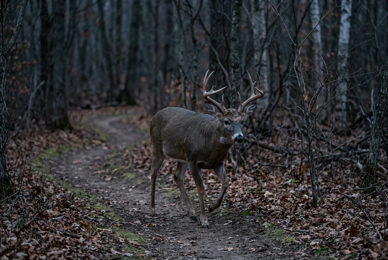 A mature buck walking a worn game trail through autumn hardwoods in low light