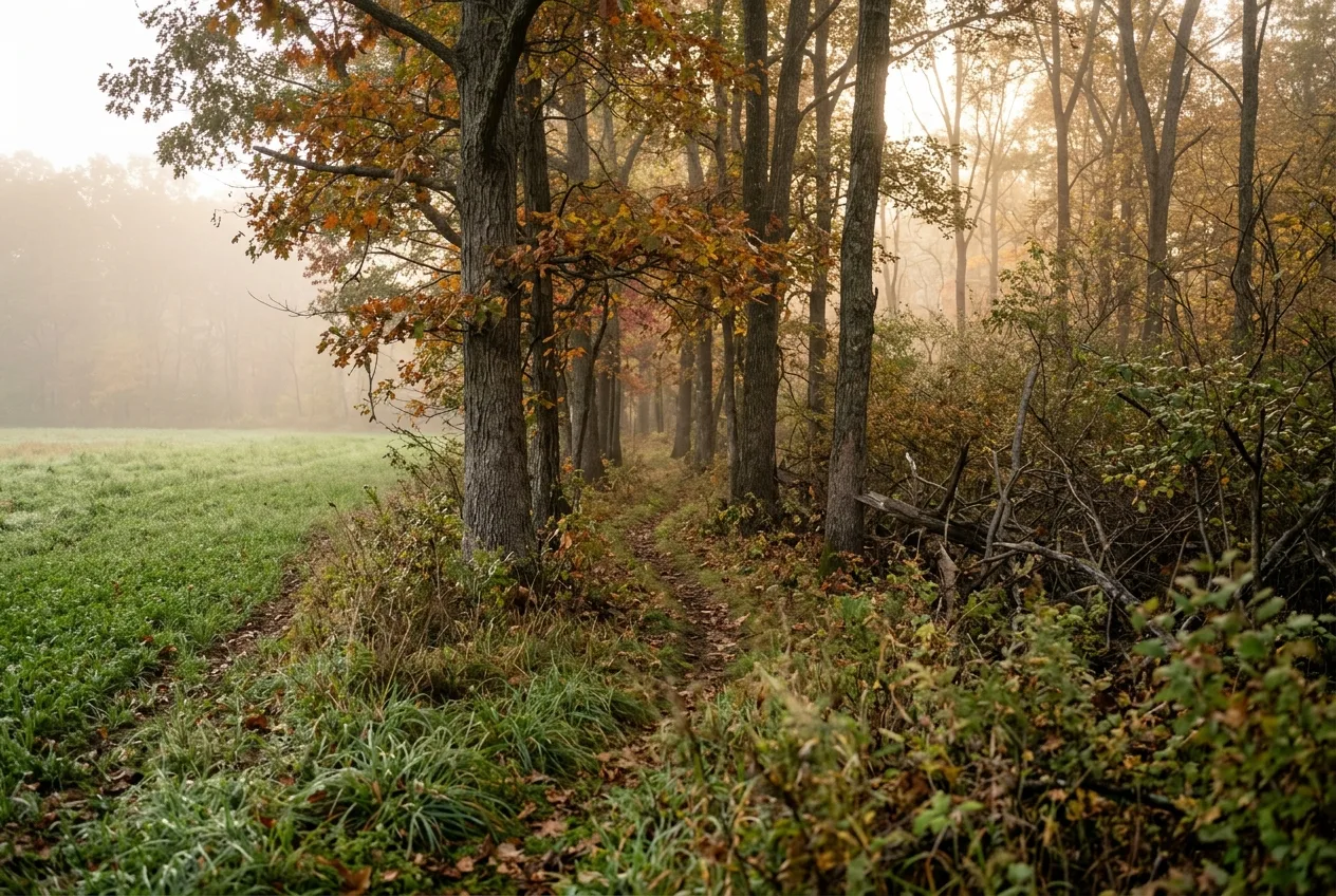 A narrow strip of timber funneling between a food plot and a bedding thicket at dawn