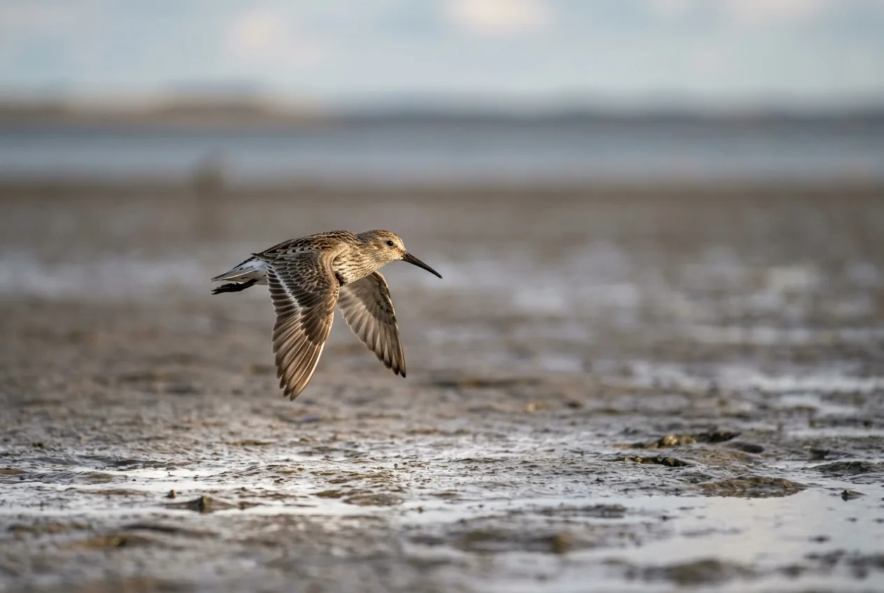 A small fast-flying dunlin wader photographed sharp over a coastal mudflat