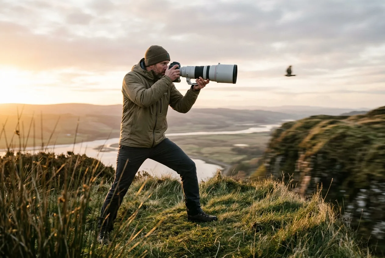 A wildlife photographer panning a long telephoto lens to track a flying bird