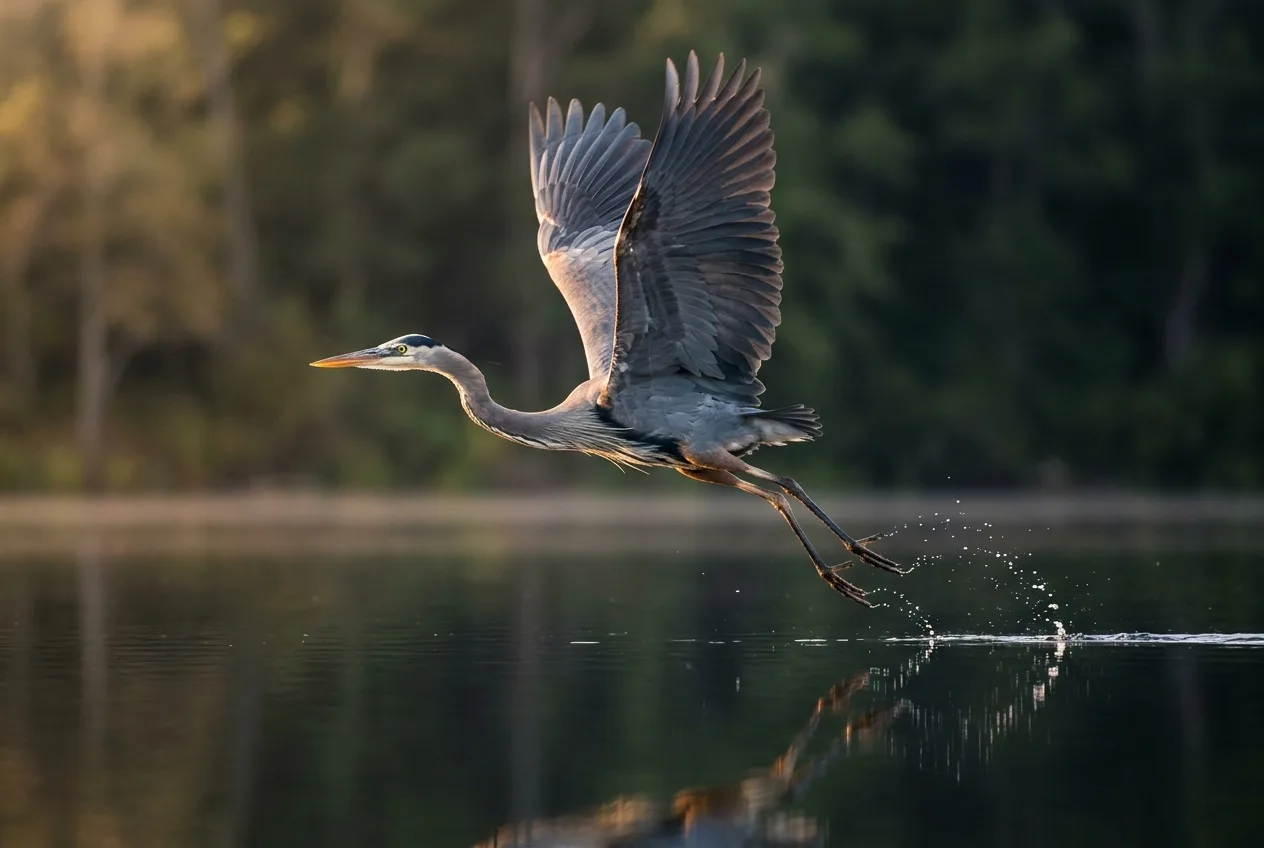 A great blue heron lifting off from still water with wings raised