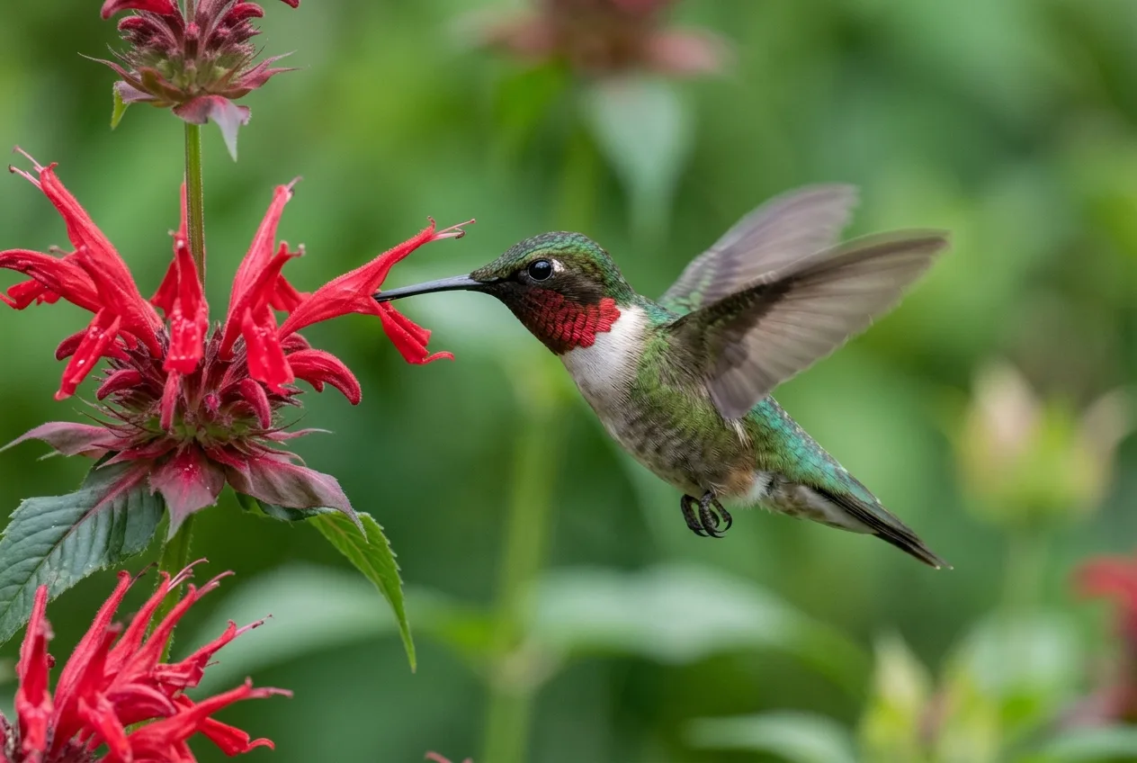 A hummingbird at a flower with its body sharp and wings showing natural blur