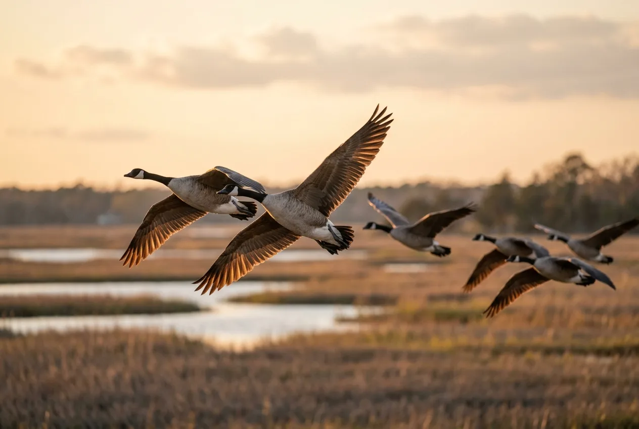 A flock of geese flying toward the camera into the wind at golden hour