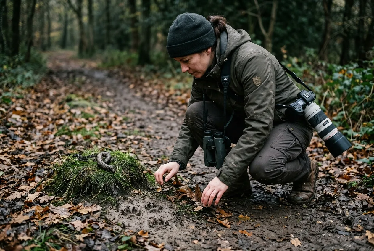 A wildlife photographer crouching to examine fox tracks and scat on a muddy game trail
