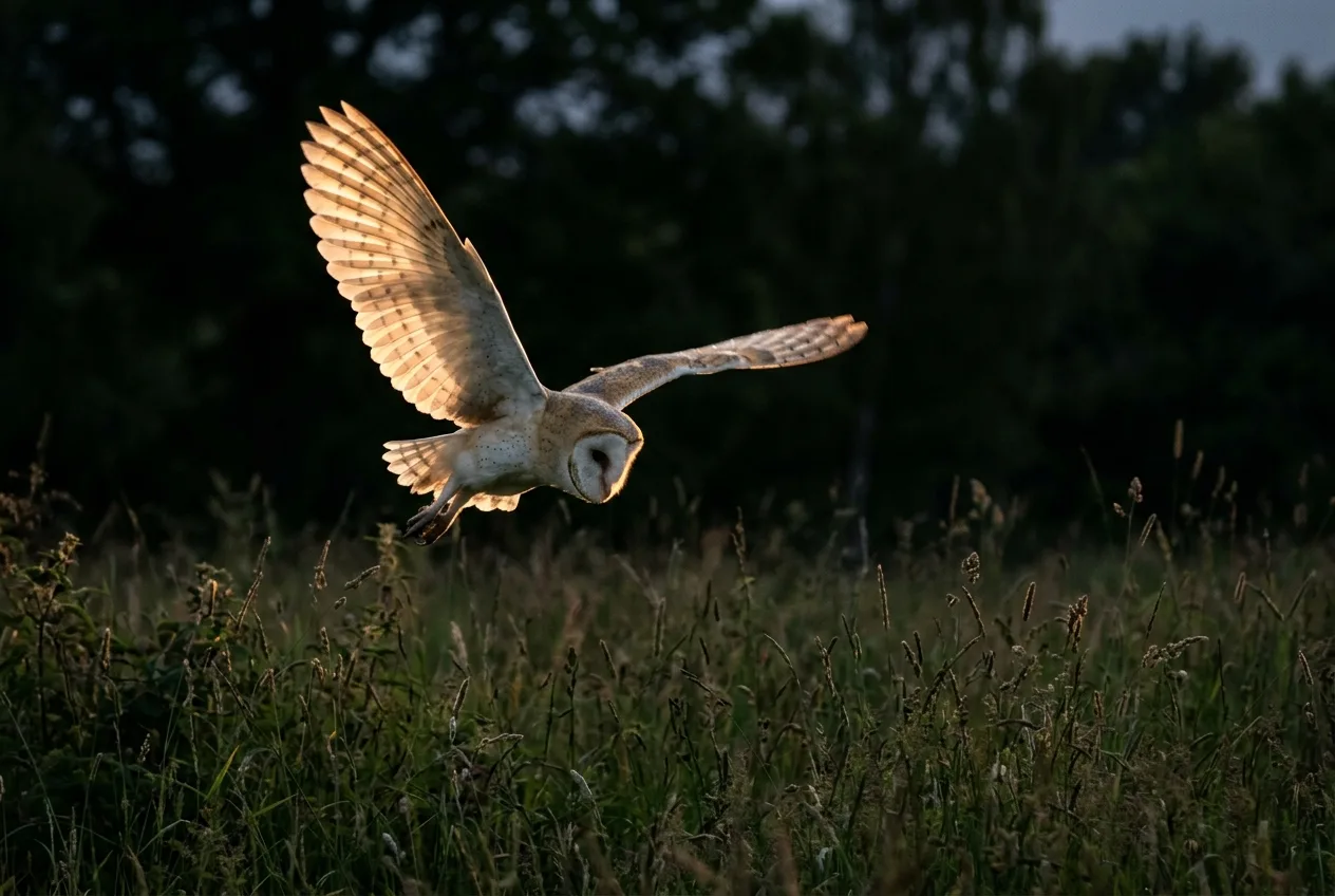 A barn owl in flight backlit by golden evening light over a grassy meadow