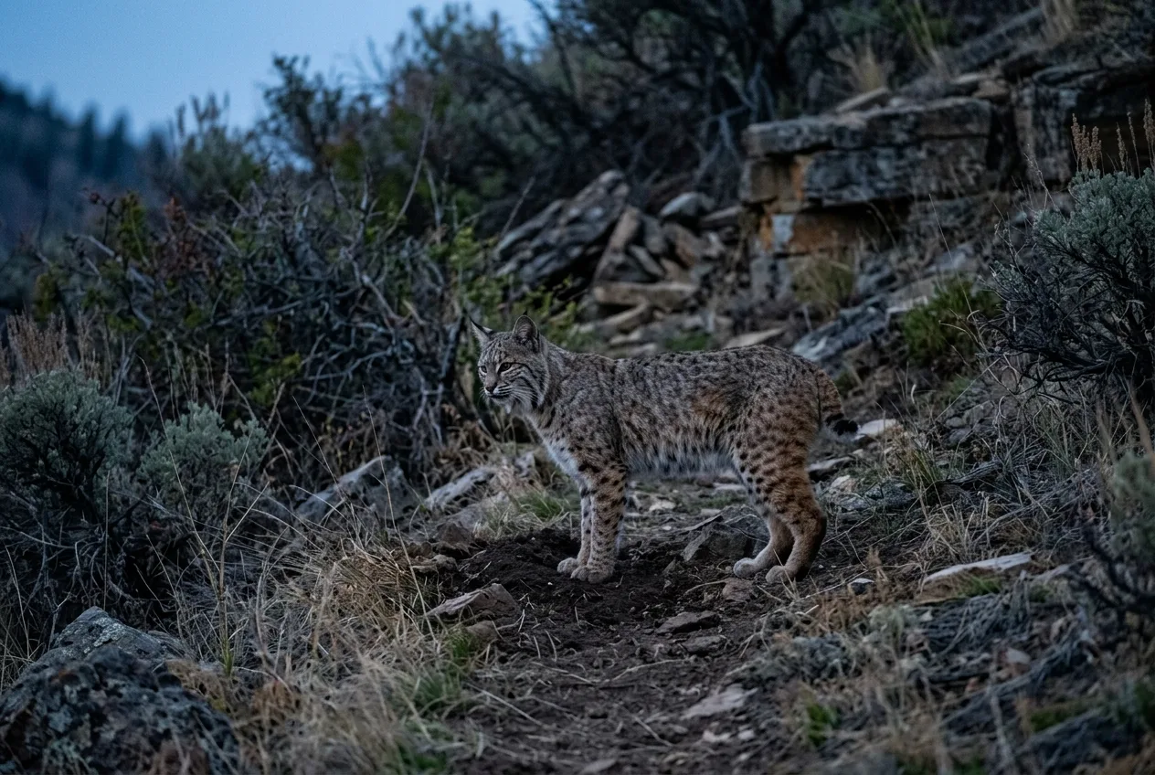 A bobcat pausing at a scent-marking scrape on a brushy ridge trail at dusk