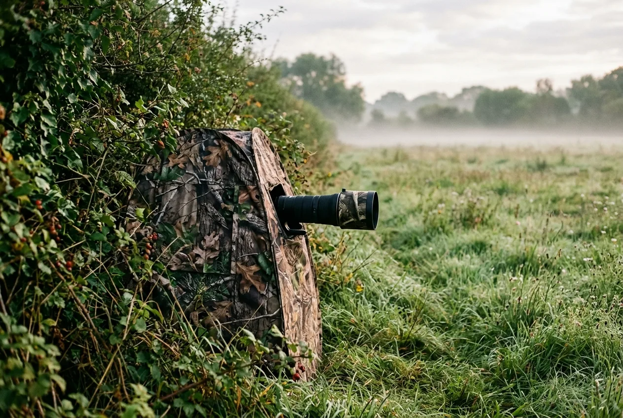A camouflaged pop-up photography blind tucked against a hedgerow overlooking a meadow