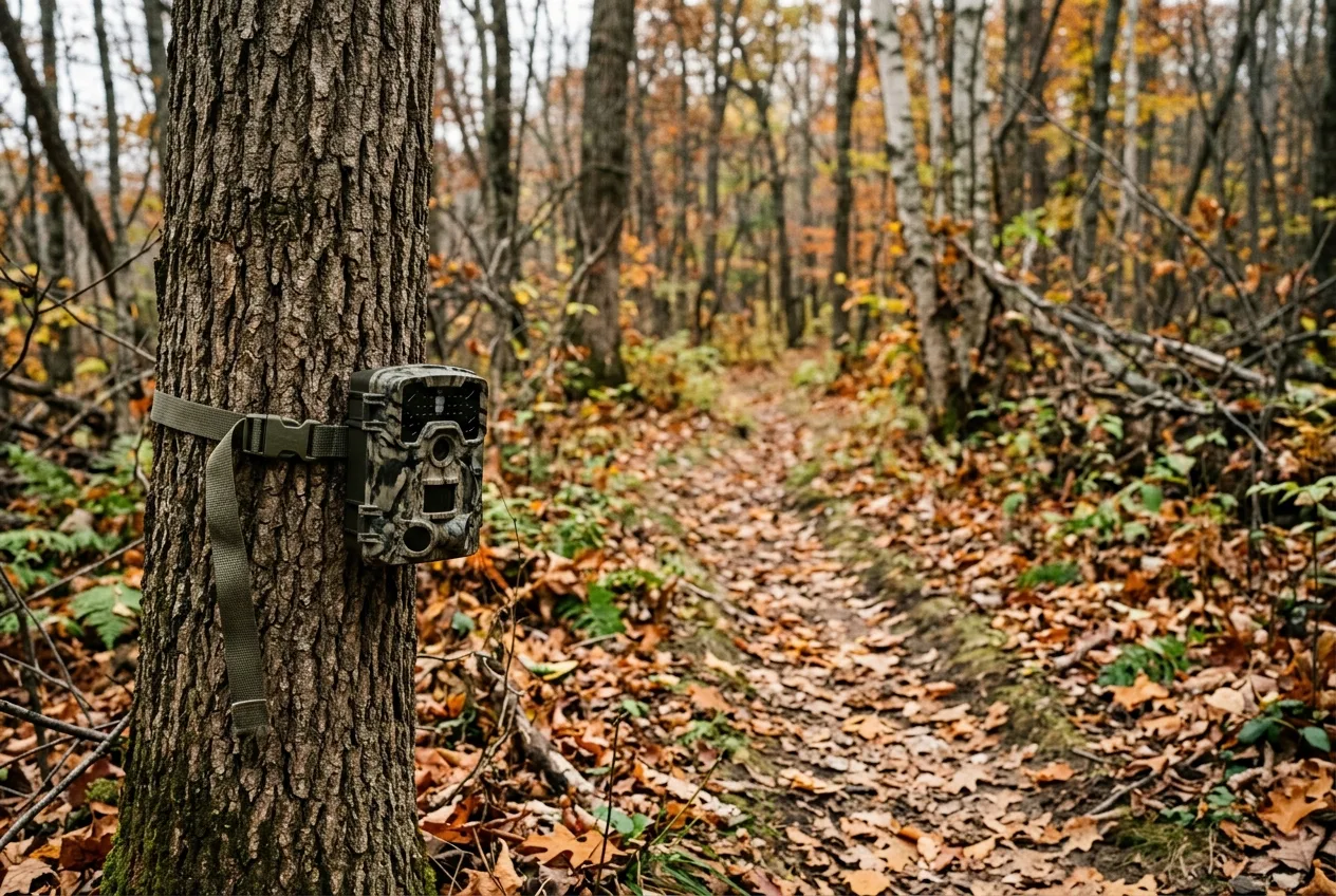 A trail camera strapped to a tree aimed down a game trail through autumn woods