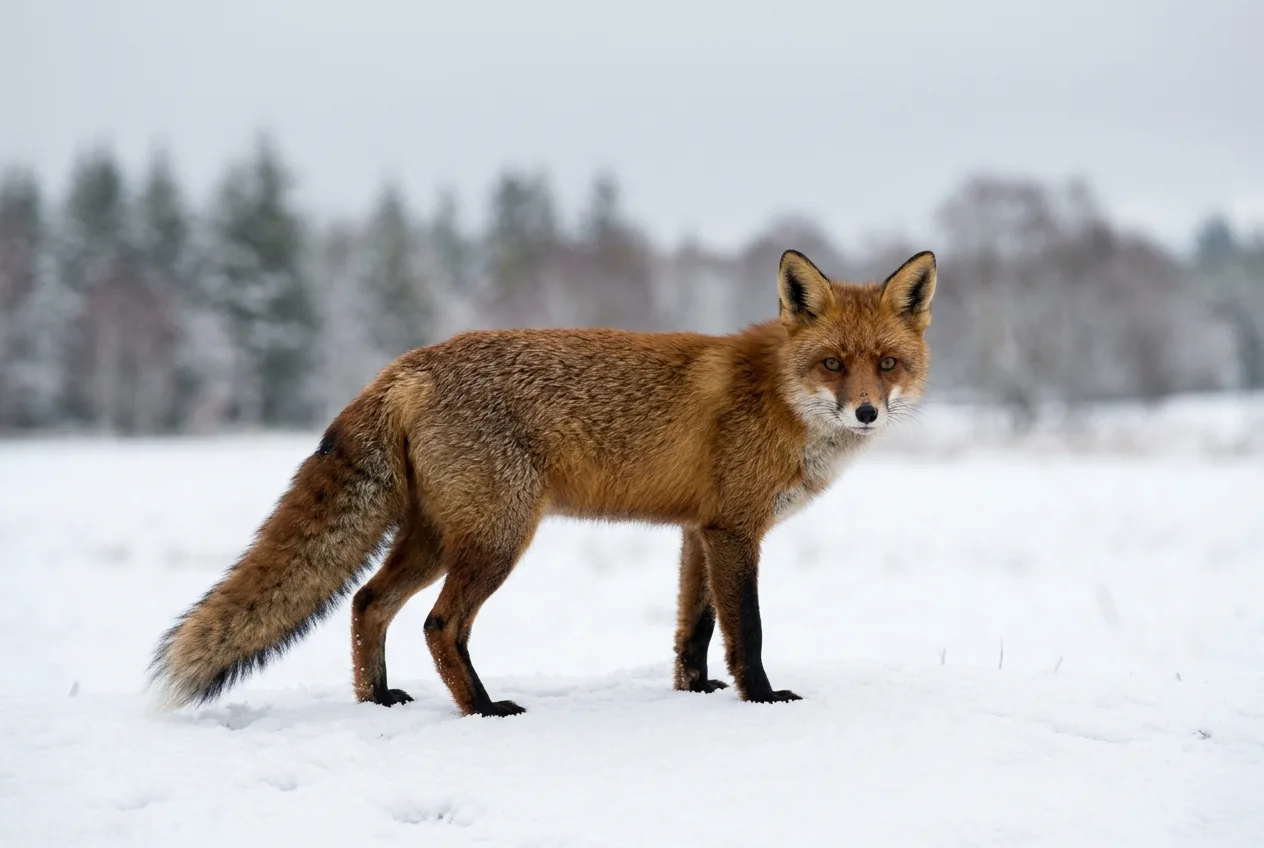 A red fox standing alert on a snowy field edge showing its black legs and white-tipped tail