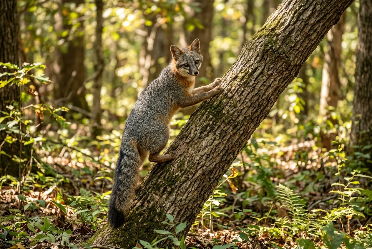 A gray fox climbing on a low leaning tree trunk in a sunlit forest