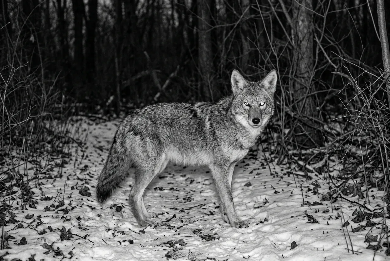 A coyote captured at night in monochrome infrared standing on a snowy trail facing the camera