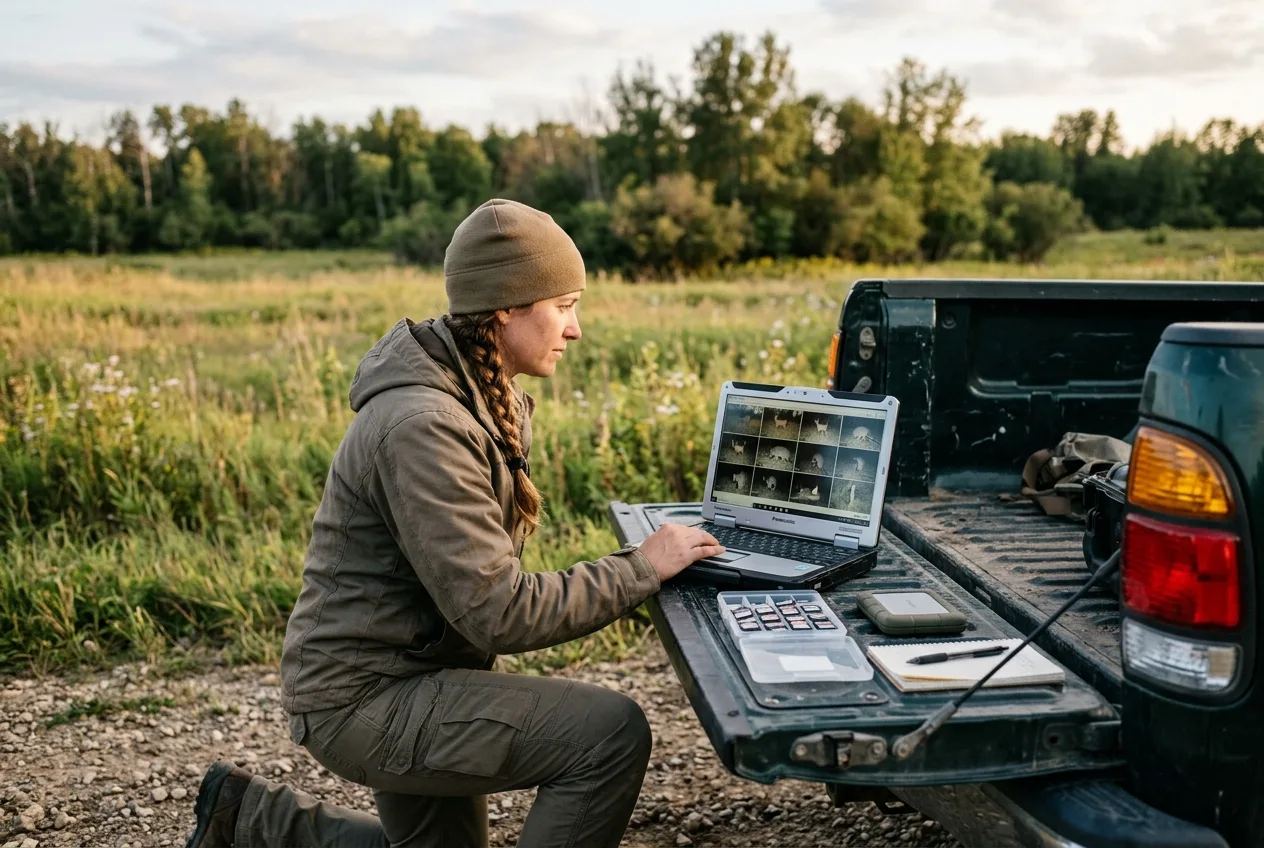 A wildlife manager kneeling at a laptop reviewing trail camera photos of canids in the field