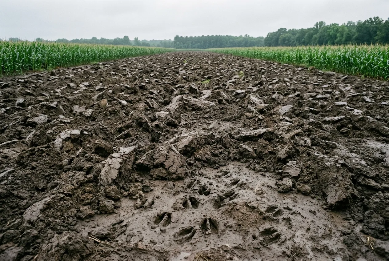 A patch of farm field soil churned and rooted up by wild hogs