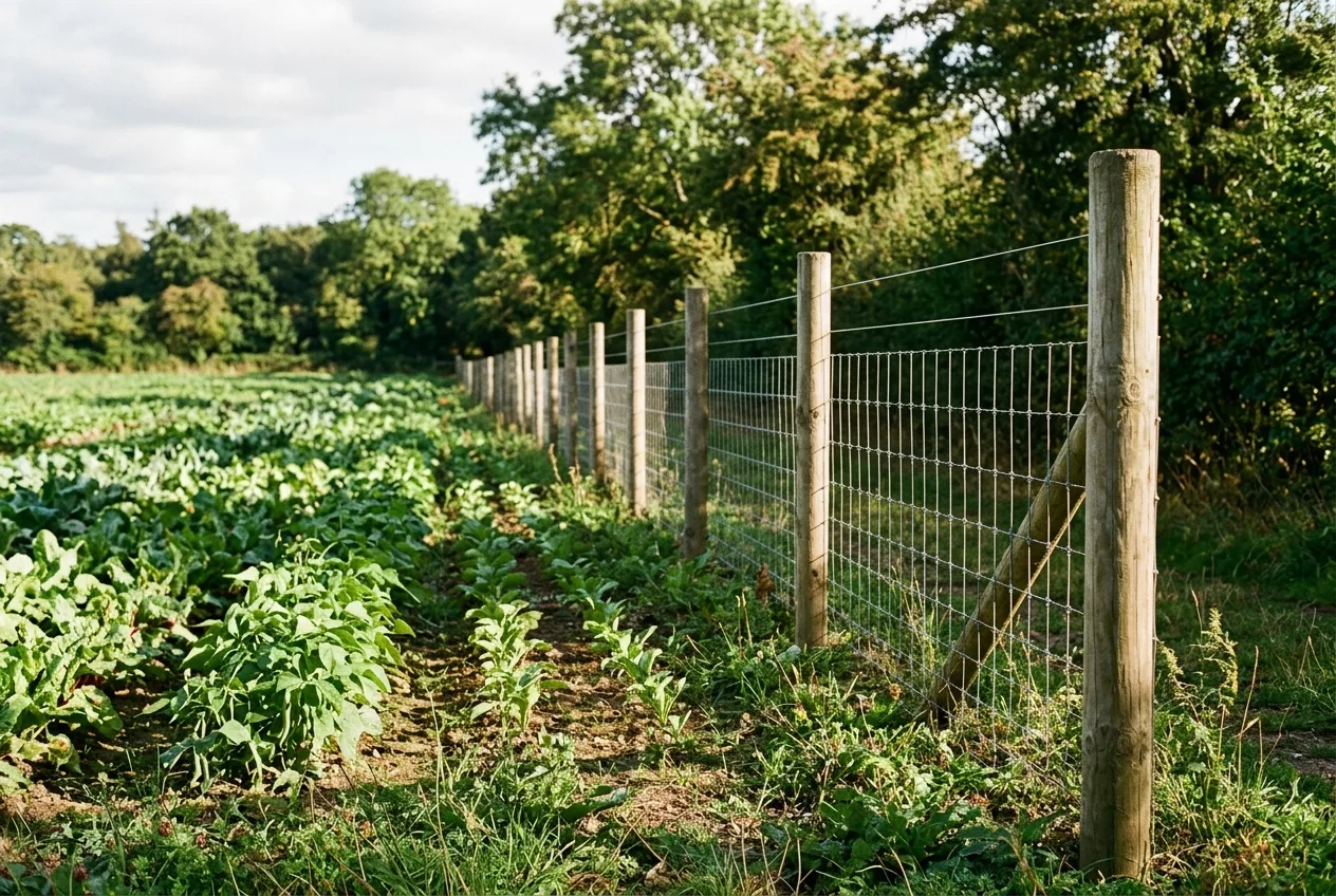A tall woven-wire deer exclusion fence running along the edge of a vegetable field