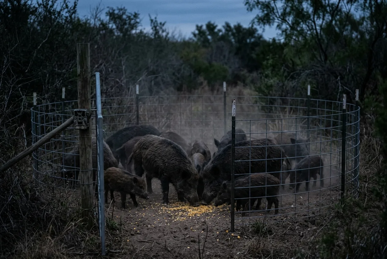A group of wild hogs gathered at bait inside a circular corral trap at dusk