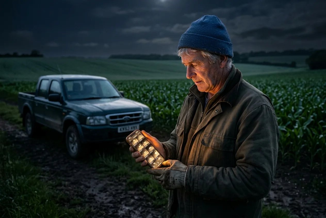 A farmer checking a smartphone showing trail camera photos at the edge of a field at night